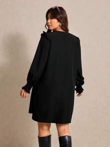 Elaquor 大码女式纯色圆领荷叶边下摆休闲连衣裙 - 黑色 - 查看 2