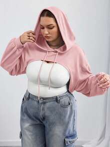 SHEIN CURVE+ Plus-Size Black Knitted Ultra-Short Hooded Sweater, Suitable For Autumn And Winter Wear/Autumn /Winter - Pink - View 6