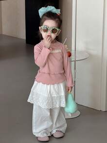 DAZY Baby Girls 2 In 1 Solid Color Lace Patchwork Cute Sweet Long Sleeve Top Toddler Girls Clothes - Pink - View 9