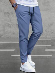 Manfinity Homme Men's Casual Drawstring Waist Solid Color Pants - Royal Blue - View 5