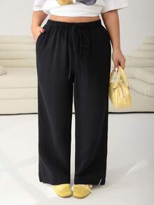 Solflare Plus Size Women's Casual Everyday Commute Simple Versatile 100% Cotton Solid Color Textured Fabric Drawstring Waist Loose Wide Leg Pants - Black - View 7