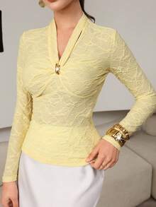 Modelyn Metal Buckle V-Neck Pleated Jacquard Long Sleeve Elegant Fitted Blouse For Women - Yellow - View 5