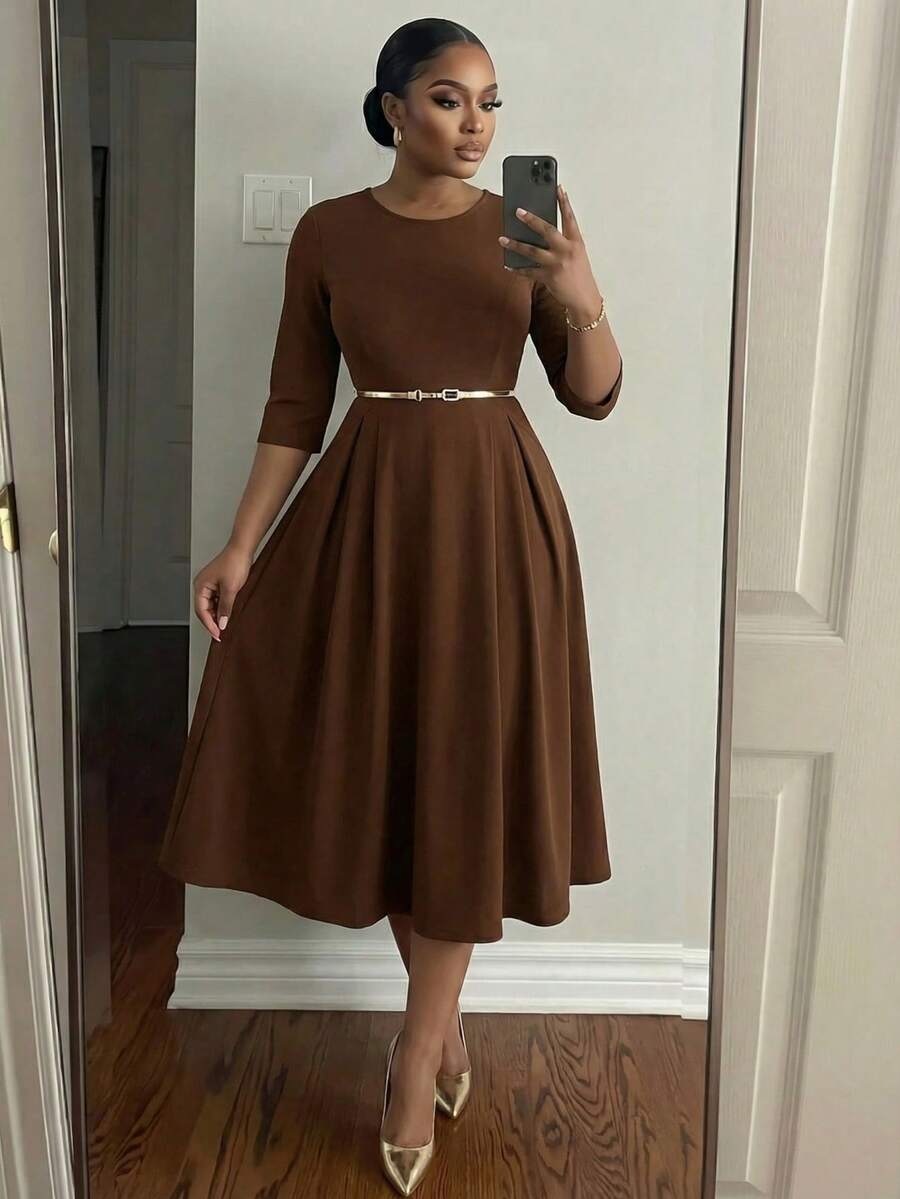 SHEIN Lady Váy dạ hội hóa trang cỡ lớn màu tím thanh lịch cho mùa hè và mùa đông, cổ tròn, tay dài bồng bềnh, cỡ lớn, váy dài tay màu trắng, quần áo ngày lễ tình nhân, ngày lễ tình nhân cho ngày lễ tình nhân - màu nâu - Xem 1