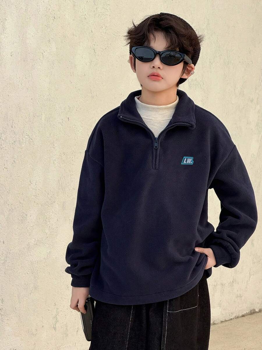 DAZY 青少年男童休闲宽松卫衣,带硅胶标签,秋季款 - 藏蓝色 - 查看 1