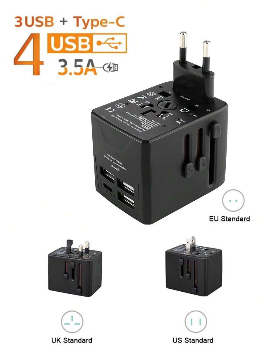Teckwe 多功能旅行转换插头，通用插头转换器，通用欧美标准插座，3个USB+Type-C智能快充接口，可同时充电。旅行者的理想之选，小巧轻便，易于携带，白色/黑色可选。