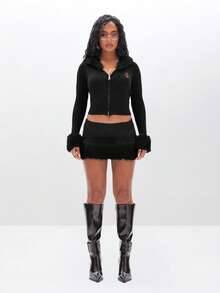 BABYPHAT Knit Cardigan With Luxurious Fur Trim Hood And Cuffs Ribbed Zip Up Fall Winter Cropped Sweater - Black - View 2