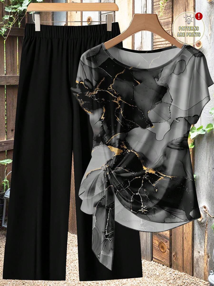 SHEIN Clasi Bộ 2 món áo sơ mi nữ họa tiết hoa trừu tượng màu đen và xám, thắt nơ và quần ống đứng dáng rộng, phong cách tối giản, giản dị, phù hợp cho mùa thu/đông, phong cách cổ điển - Nhiều màu - Xem 1