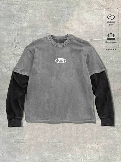 Street Life Maglietta casual a maniche lunghe con stampa grafica semplice da uomo