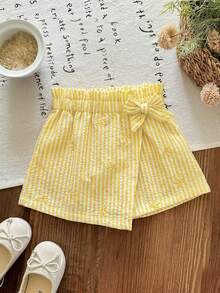 SHEIN LMoss Kids Baby Girl Summer Casual Striped Bow Print Wrap Shorts - Yellow - View 4