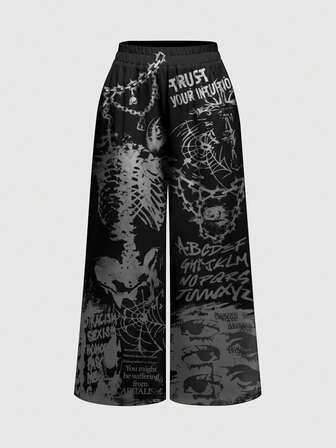 Grunge Punk Pantalon long pour femmes, style punk, musique de festival, horreur sombre, crâne de rue, chaîne de paume, noir et gris