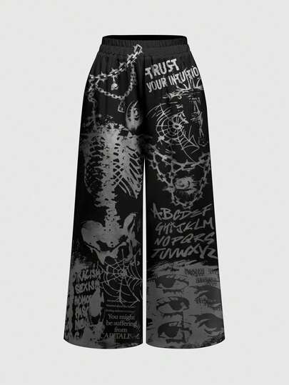 Grunge Punk Pantalones largos de mujer en negro y gris con cadena de calavera de estilo punk, horror oscuro y festival de música