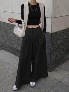 DAZY Women's Loose Fit Wide Leg Pants With Pockets And Elastic Waist, Solid Color - Black - View 3