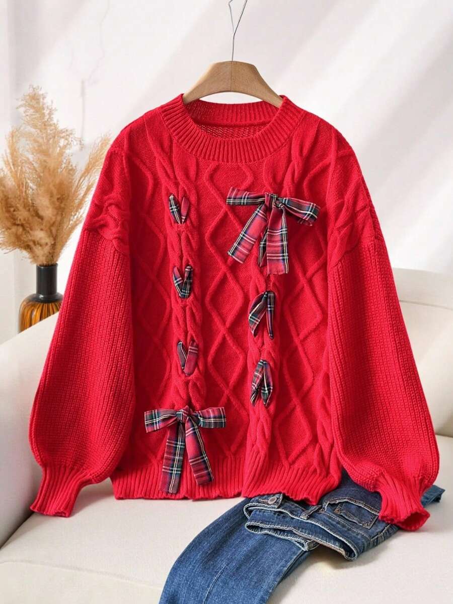 CosyJoli Plus Size Women's Plaid Bow Decor Drop Shoulder Long Sleeve Loose Pullover Red Sweater, Autumn/Winter Christmas Red/New Year - Red - View 1