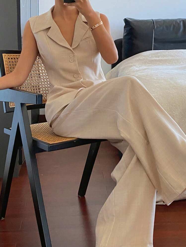 Women's Collared Sleeveless Vest And Wide Leg Pants Casual Suit
