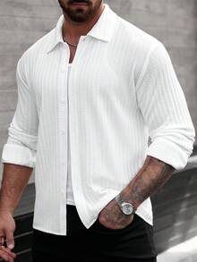 Manfinity CasualCool 男士休闲百搭纯色纹理衬衫 男士白色长袖衬衫 男士纹理衬衫 男士钩针衬衫 - 白色 - 查看 5