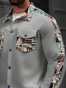 Manfinity Homme Men's Geometric Pattern Long Sleeve Single-Breasted Jacket,Grey Autumn Streetwear City Break Western Button Up Boho Shirt Men Designer Graphic Jacket - Light Grey - View 3