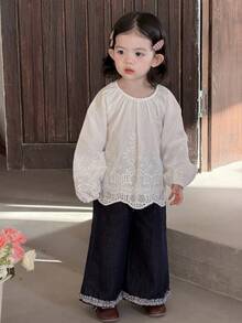 DAZY Toddler Girls' Casual Round Neck Long Sleeve Lace Blouse