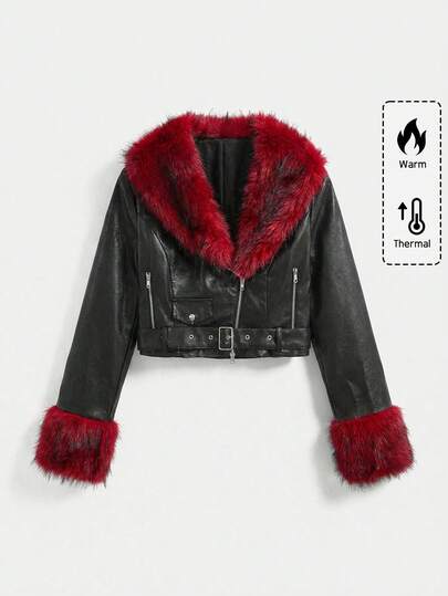 Goth Christmas Vintage Grunge-Punk Black Short Faux Leather Jacket With Red Faux Fur Collar, Plus Size Streetwear Fashion Avant-Garde Leather Jacket For Women, Autumn/Winter