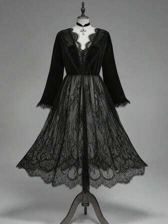 Goth ملابس علوية طويل مقاس كبير ذو رقبة عميقة على شكل V مع تصميم غير متماثل وقطع من الدانتيل والمخمل بطراز قصر جوتيك