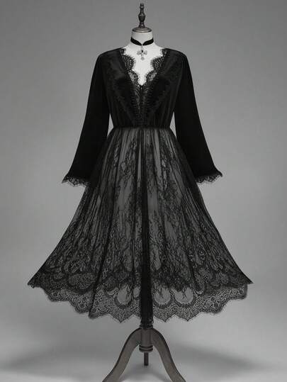 Gothic Palace Style Lace Patchwork Velvet Asymmetrical Hem Deep V Neck Plus Size Long Top