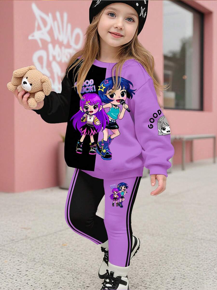 SHEIN K-Pop系列，街头风撞色紫色和黑色，K-POP卡通女孩（），少女休闲简约柔软舒适圆领长袖卫衣和打底裤两件套，适合日常穿着 - 彩色 - 查看 1