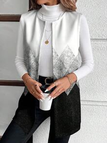 EMERY ROSE 秋季浪漫休闲黑白渐变菱形几何印花加大码女式外套、女式马甲大衣、黑白外套、新年、办公室、春季外衣 - 彩色 - 查看 9