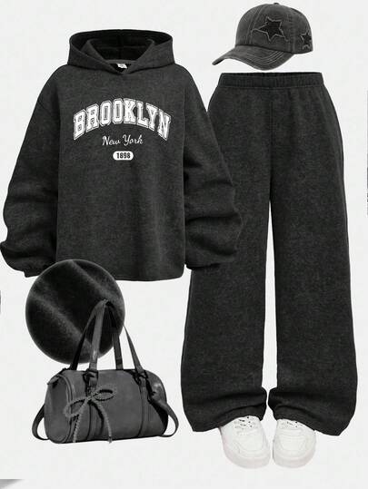 Girlism Teen Girl Letter Print Hooded Sweatshirt And Sweatpants Casual Suit