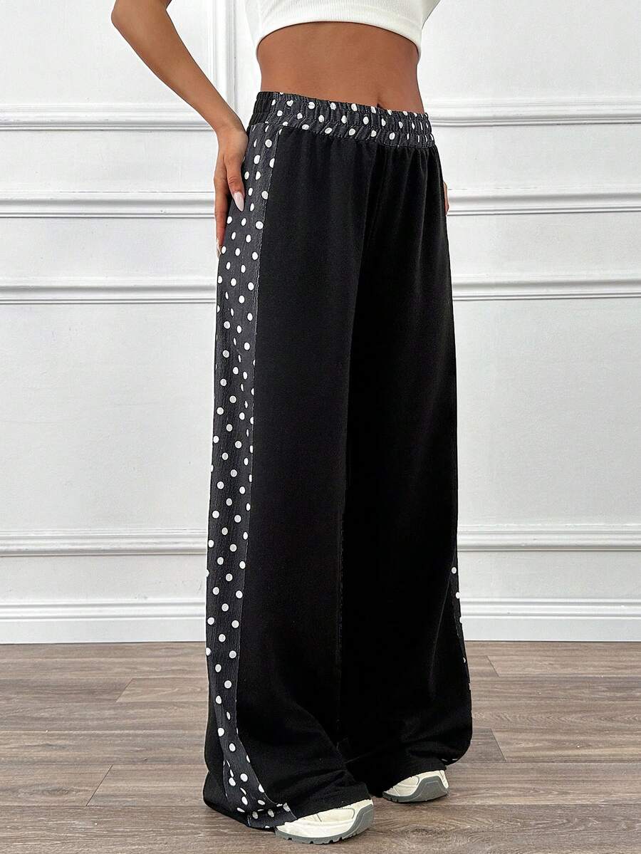 EURMUSE Women's Elastic Waist Polka Dot Print Patchwork Loose Casual Wide Leg Sweatpants - Black and White - View 1