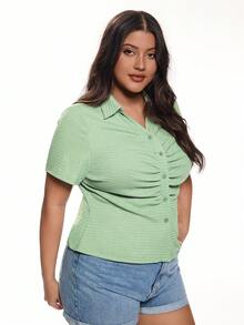 Solavibe Plus-Size Spring/Summer Casual Wear, Holiday And Date, Plus-Size Spring/Summer Casual Vacation Open-Front Knitted Textured Fabric Women's Shirt Collar Top, Summer Beach Wear, Back-To-School, Very Simple, Women's Country Style , Office Wear, Old-Fashioned Style, Teacher's, Date Wear, Graduation Season, Plus-Size Textured Fabric Shirt, Casual Date Green Top. - Green - View 4