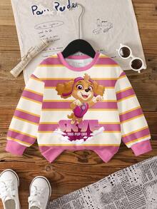 SHEIN | PAW Patrol Young Girl Casual Striped Cartoon Dog Print Crew Neck Sweatshirt, Autumn - White - View 1
