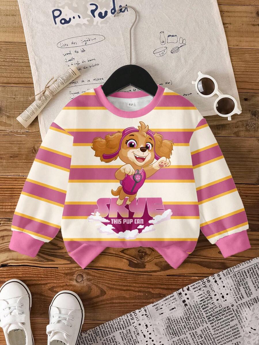 SHEIN | PAW Patrol Young Girl Casual Striped Cartoon Dog Print Crew Neck Sweatshirt, Autumn - White - View 1
