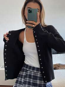 DAZY Women's Solid Color Fitted Long Sleeve Round Neck Elegant Casual Knit Cardigan, Spring/Autumn - Black - View 5