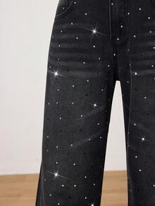 SHEIN PETITE Winter Summer Women's Casual Vacation Party Distressed Rhinestone Embellished Wide Leg Comfortable Black Washed Straight-Leg Jeans - Black - View 7