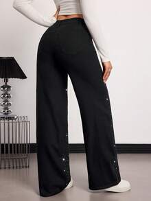 SHEIN Tall Winter Spring Women's Fashion Commuter Rhinestone Embellished Vacation Straight Leg Black Denim Jeans - Black - View 2