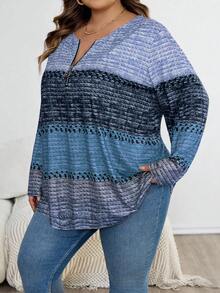 SHEIN CURVE+ Áo thun cổ bẻ màu nâu Giáng sinh cỡ lớn dành cho nữ, áo thun chủ đề Giáng sinh dành cho nữ, quần áo thu/đông cỡ lớn - Màu xanh lam - Xem 3