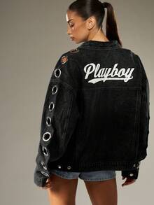 Missguided x Playboy 超大牛仔夹克，饰有金属孔眼和兔子标志，适合休闲街头风叠穿 - 黑色 - 查看 2