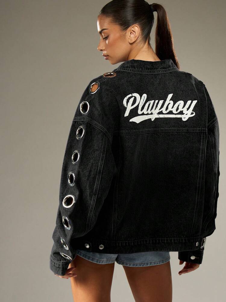 Missguided x Playboy Veste en jean oversize avec œillets et logo lapin pour un look casual et superposable