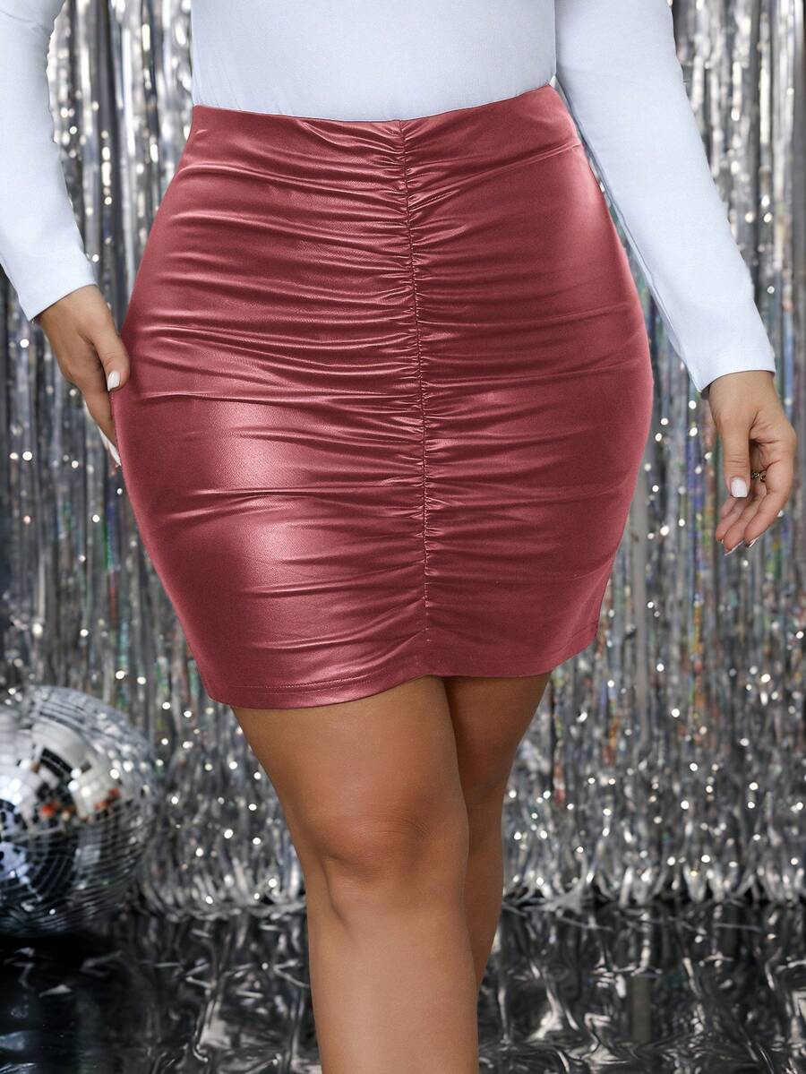 SHEIN LUNE 大码纯色褶皱修身铅笔裙，休闲日常穿着，适合感恩节、新年、冬季派对等场合，性感百搭。 - 酒紅色 - 查看 1