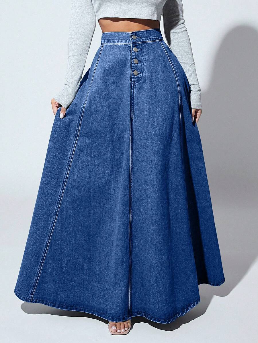 EURMUSE Women's High Waist Button Front Casual Extra Long Denim Midi Skirt - Light Wash - View 1