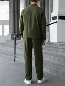 Manfinity CasualCool Men's 2 Piece Set Army Green,Autumn,Smart Casual,Work Solid Color Collar Zip-Up Jacket & Drawstring Pants Casual Commuter Sweatsuits Outfit Streetwear - Army Green - View 2