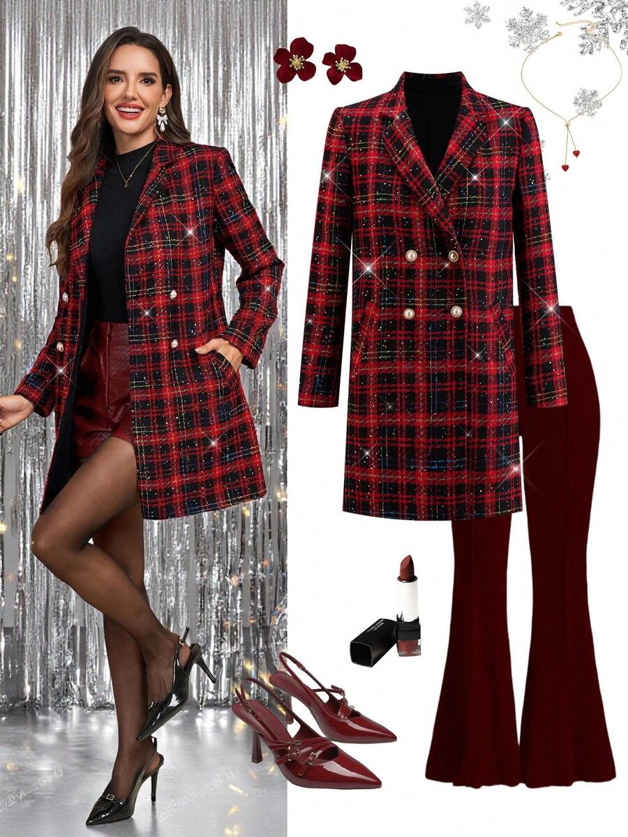 Ellevyn New Year Clothes,Women's Long Sleeve Red & Black Plaid Christmas Elegant Everyday Outerwear, Autumn/Winter - Multicolor - View 1