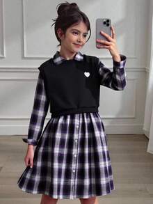 Tween Girls Elegant Commuter School Style Plaid Long Sleeve Dress + Knit Vest Sweatshirt Set, Autumn/Winter - Multicolor - View 1