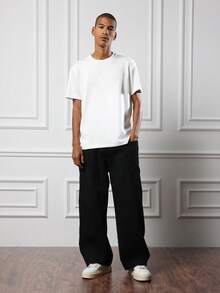 SUMWON 男士宽松阔腿套穿裤，侧边口袋，休闲舒适，日常穿着，休闲百搭纯色 - 黑色 - 查看 3