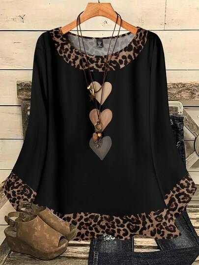 Mellowie Blusa holgada de manga 3/4 con estampado de corazón y textura de leopardo vintage elegante en talla grande