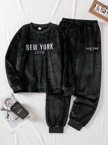 2pcs/Set Boys' Black Letter Embroidered Casual Ribbed Long Pants And Long Sleeve Comfortable Loungewear/Pajama Set - Black - View 3