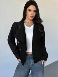 Firerie 女士优雅精致休闲日常通勤新款街头时尚都市风斜襟金属纽扣收腰长袖双面大衣，秋冬款 - 黑色 - 查看 8