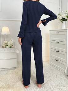 Women's Casual Bow Decor Pajama Set - Navy Blue - View 2