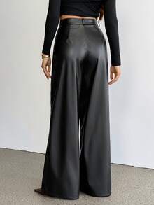 SHEIN Tall Women's Leather Women Pants Plain Front-Button Minimalist Casual Pants, Daily Wear,Women Bottoms - Black - View 3
