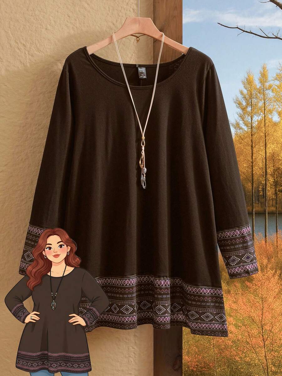 Rusticease 大码复古时尚宽松休闲圆领T恤，秋冬季乡村风格女款，适合乡村音乐会穿着 - 棕色 - 查看 1