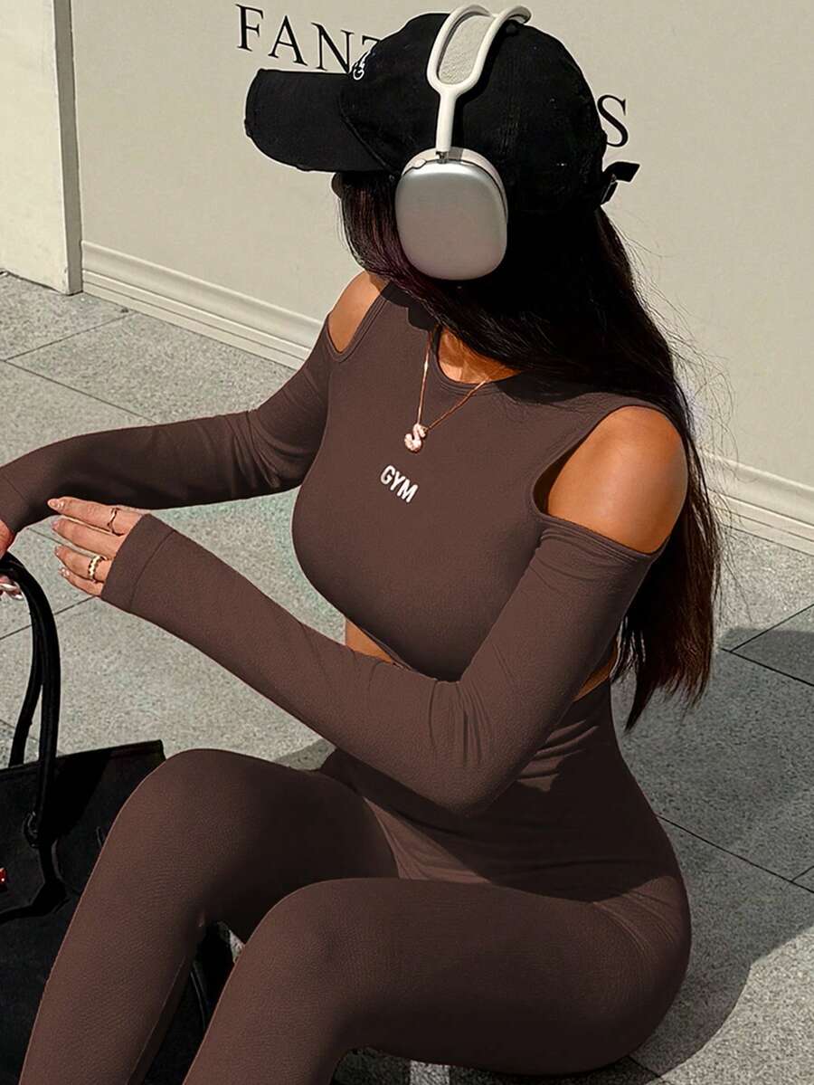 Dewbera 1件装女士黑色露肩长袖无缝弹力舒适瑜伽健身户外跑步运动上衣 - 咖啡棕 - 查看 1